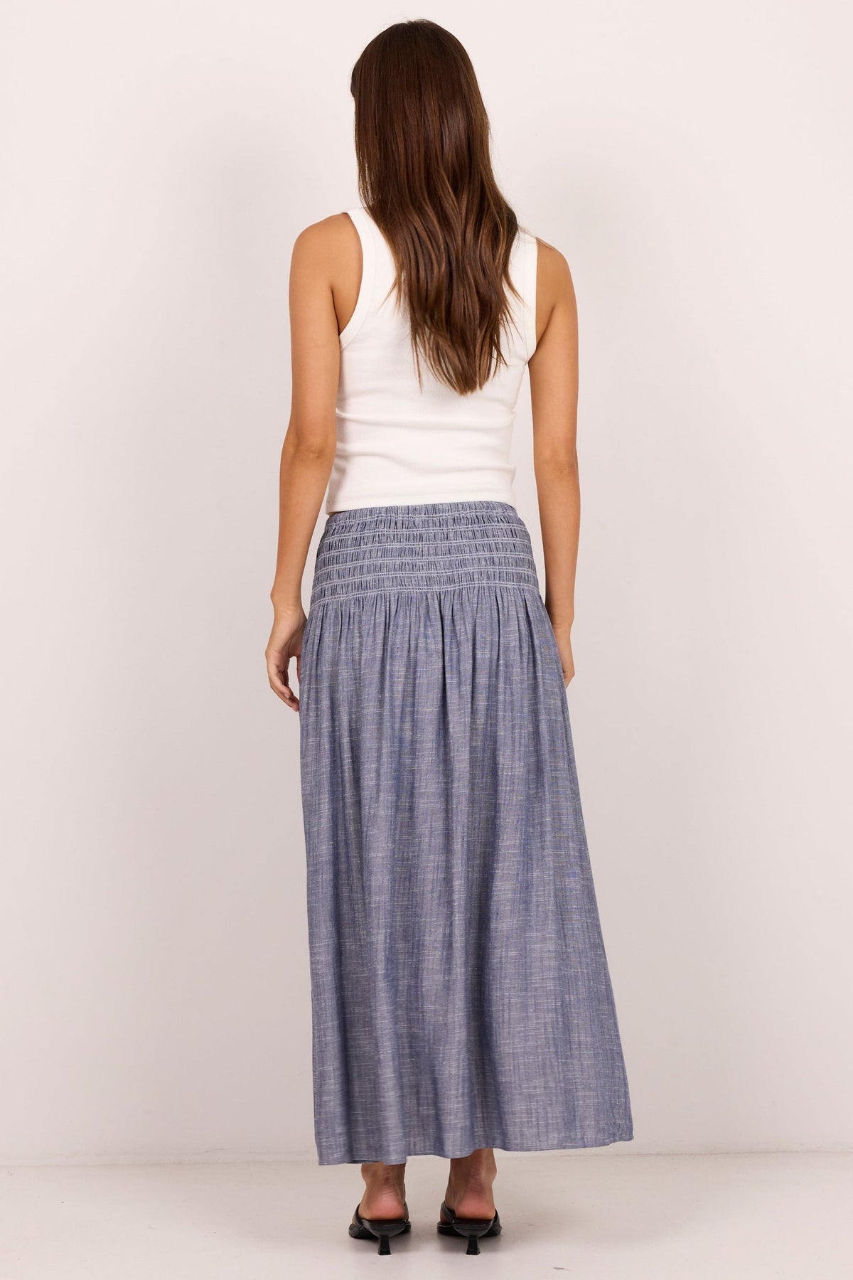 Byron Light Blue Chambray Shirred Waist Maxi Skirt