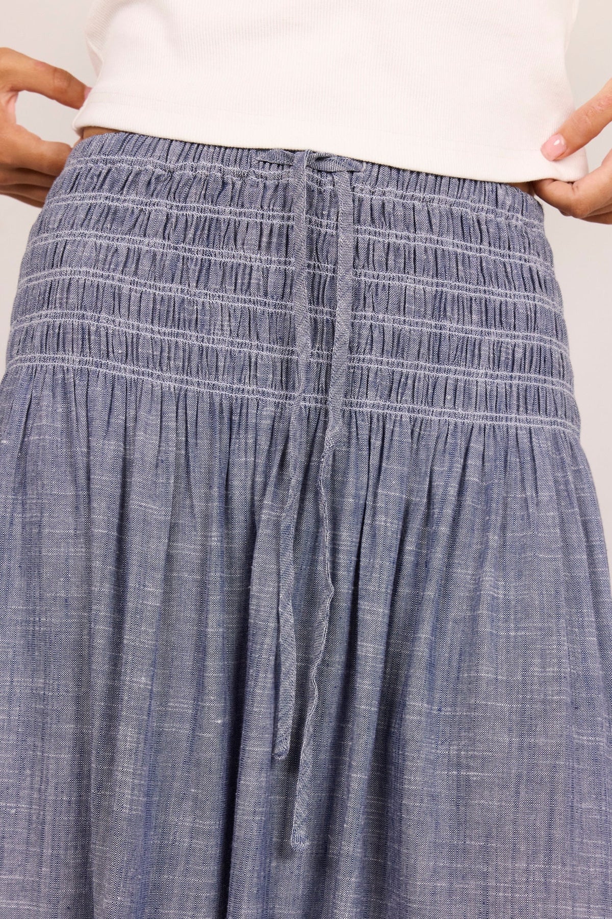 Byron Light Blue Chambray Shirred Waist Maxi Skirt