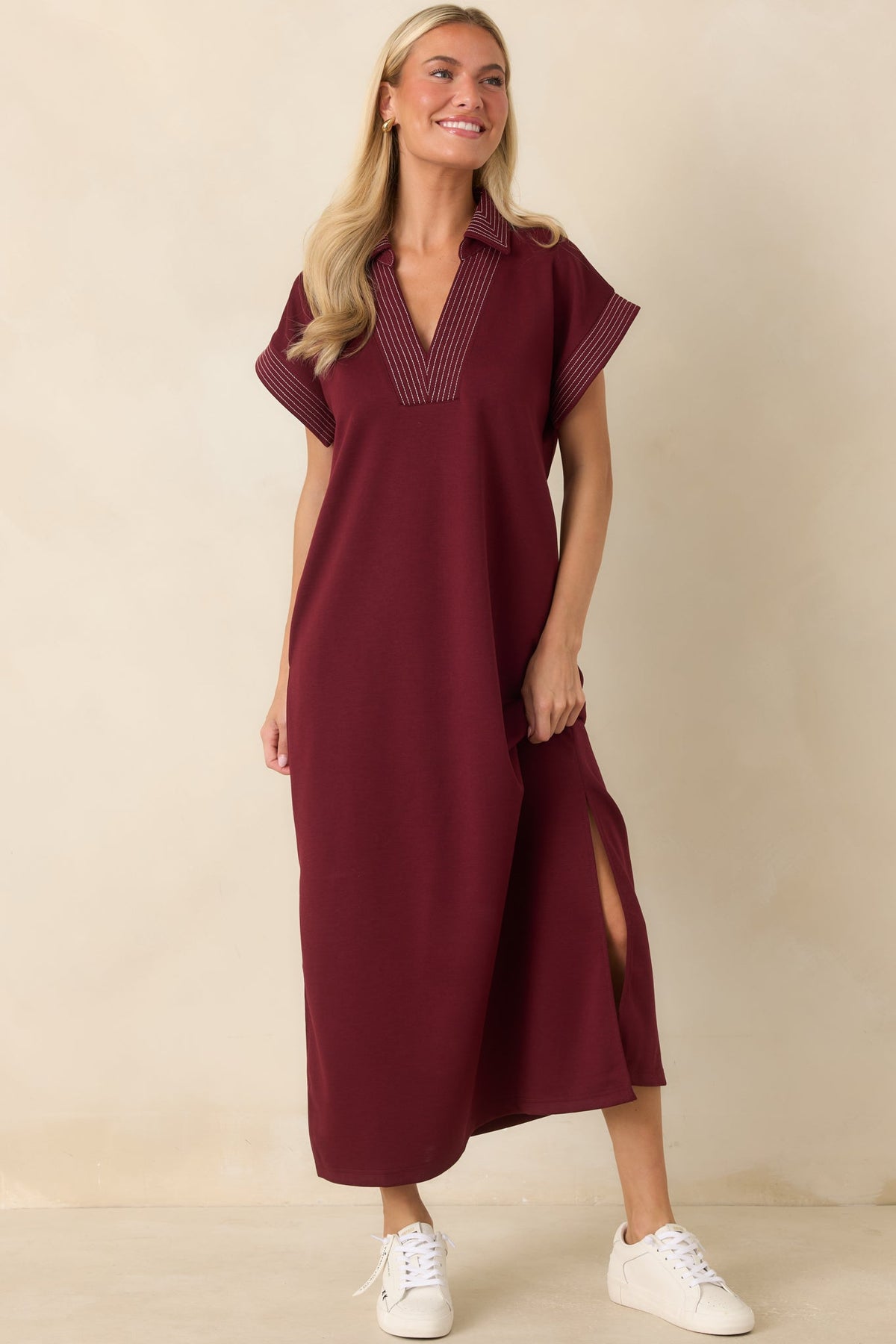 One Less Thing Wine V-Neck Contrast Pinstripe Maxi Dress