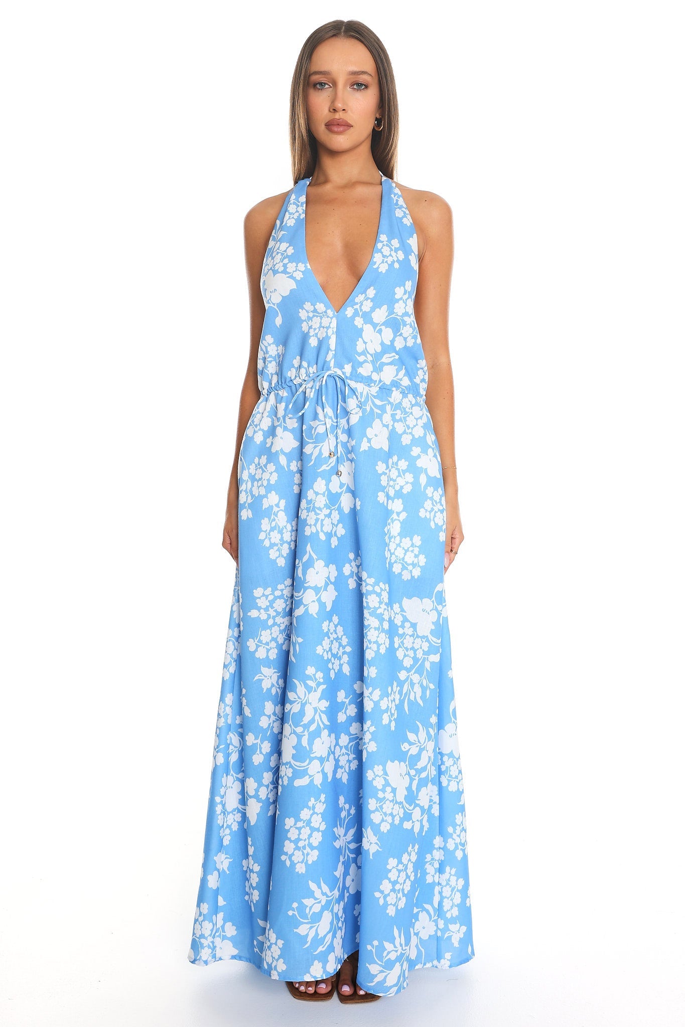 Plumeria Floral Halter Maxi Dress Light Blue