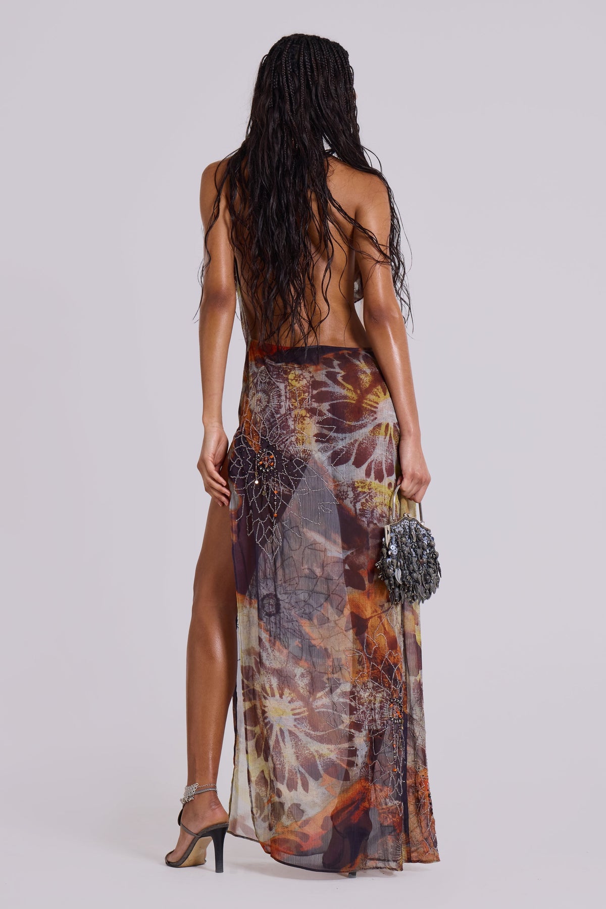 Dahlia Cowl Beaded Backless Chiffon Maxi Dress in Lusco