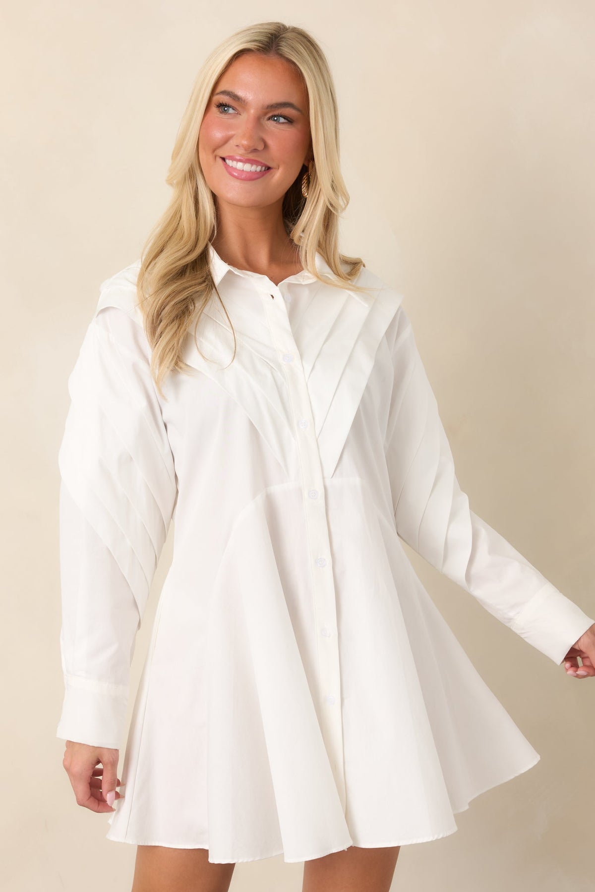 All The Angles White Cotton Pleated Detail Long Sleeve Button-Up Mini Dress