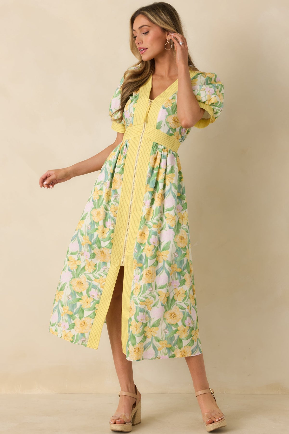 Color Me Floral Yellow Multi Floral Print Cotton Zip Front Midi Dress