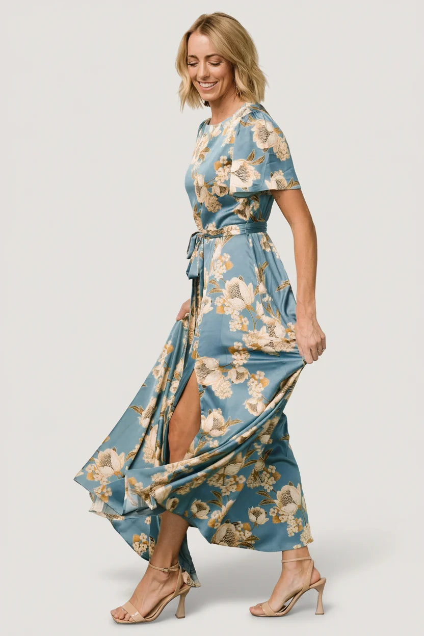 Agnes Satin Maxi Dress | Blue + Gold
