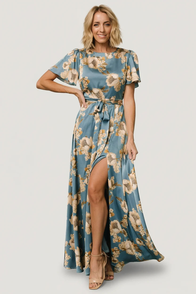 Agnes Satin Maxi Dress | Blue + Gold
