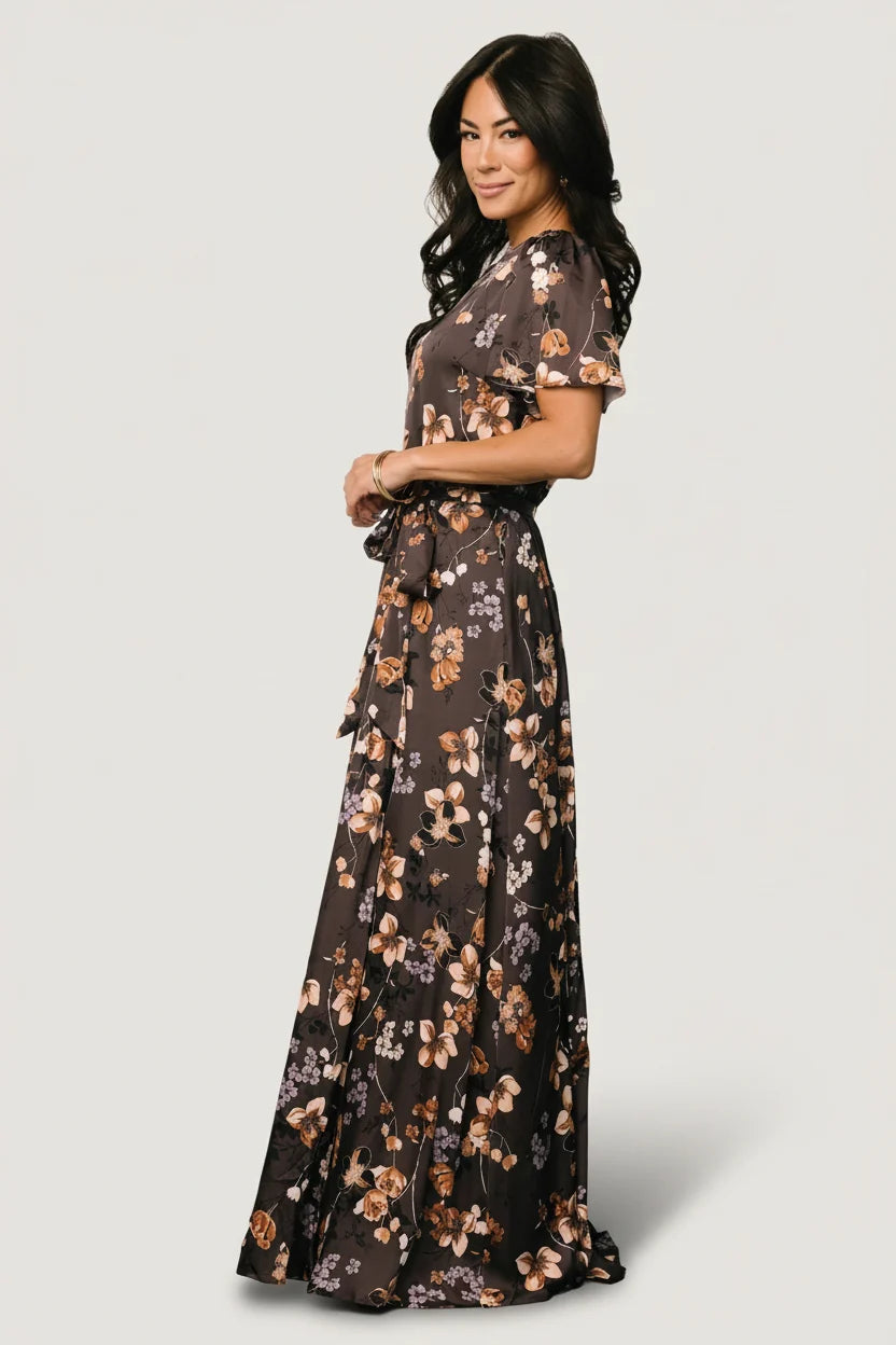 Agnes Satin Maxi Dress | Brown Floral