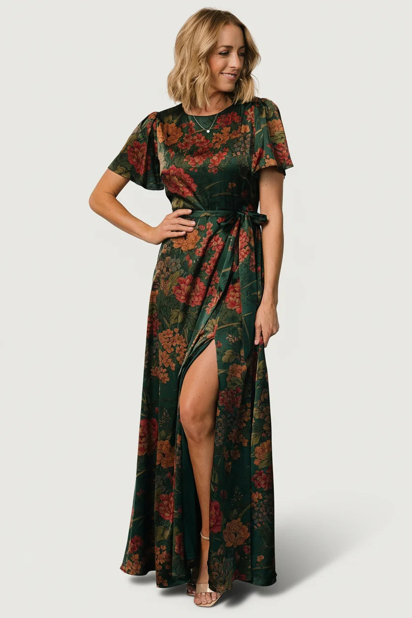 Agnes Satin Maxi Dress | Dark Green Floral