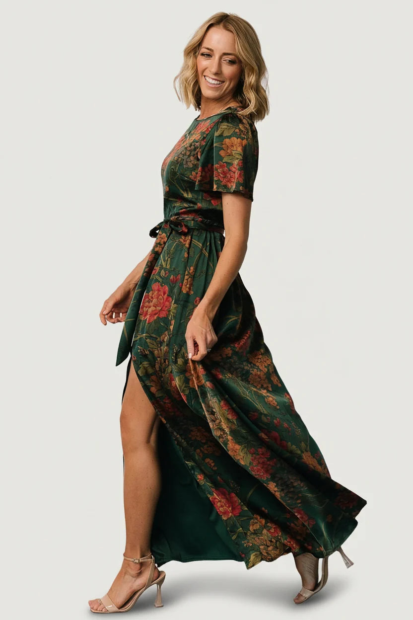Agnes Satin Maxi Dress | Dark Green Floral