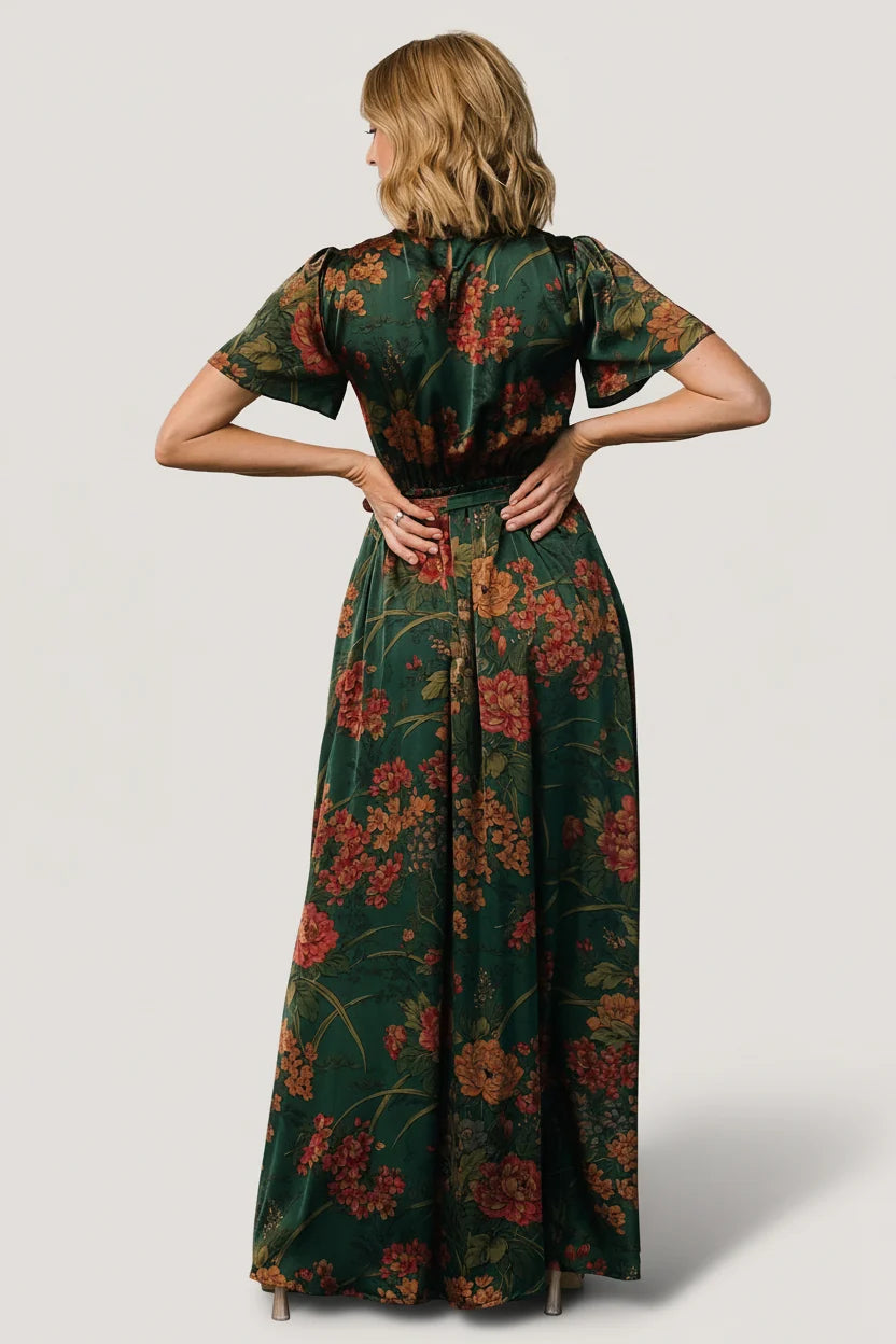 Agnes Satin Maxi Dress | Dark Green Floral