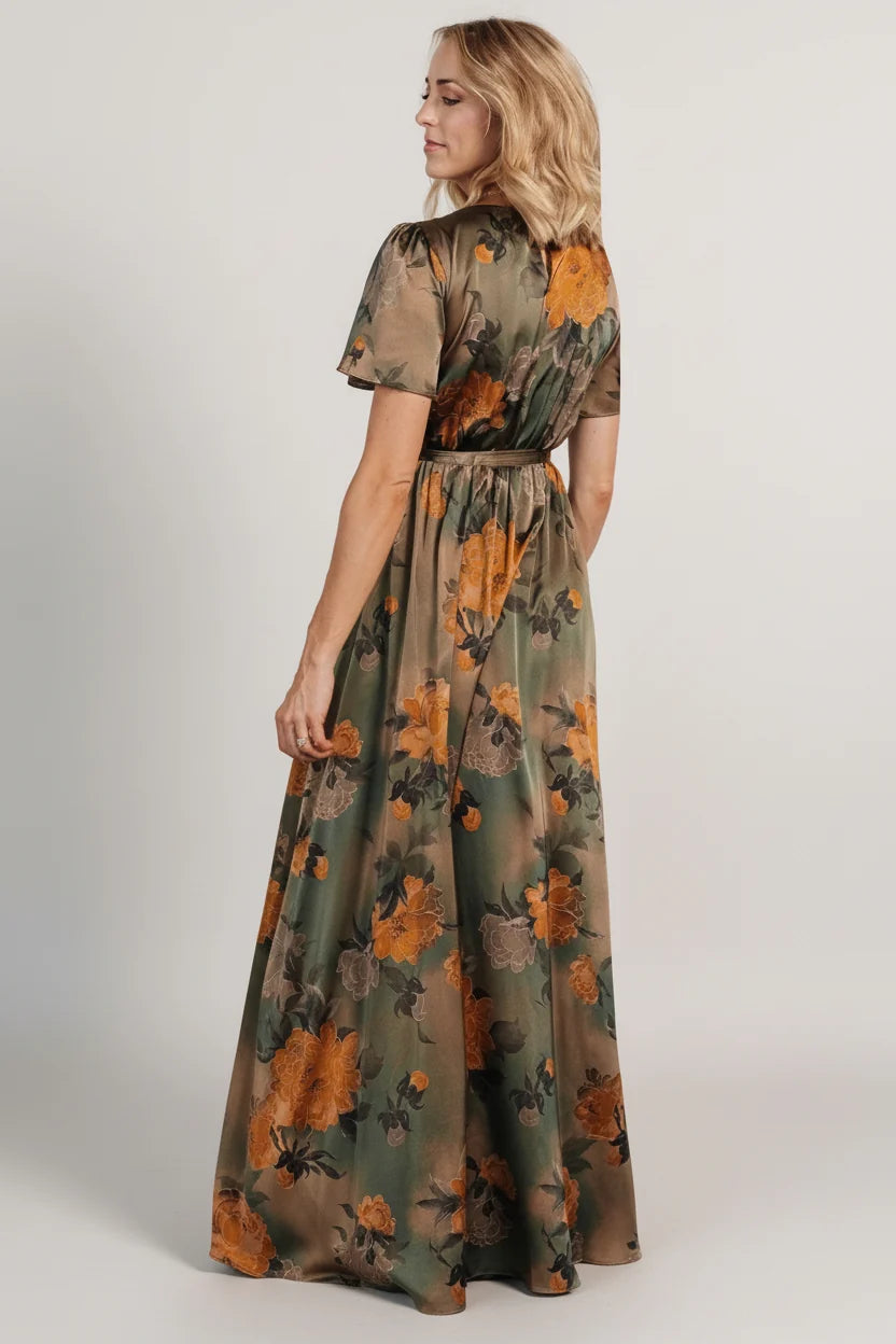 Agnes Satin Maxi Dress | Olive Floral