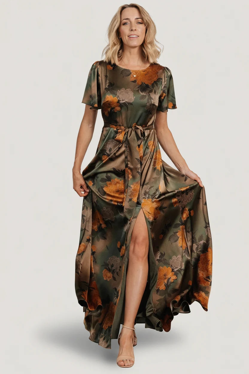 Agnes Satin Maxi Dress | Olive Floral