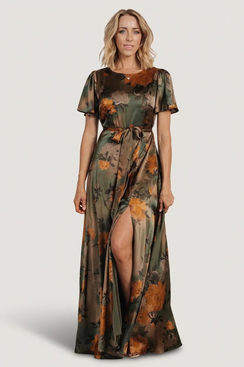Agnes Satin Maxi Dress | Olive Floral