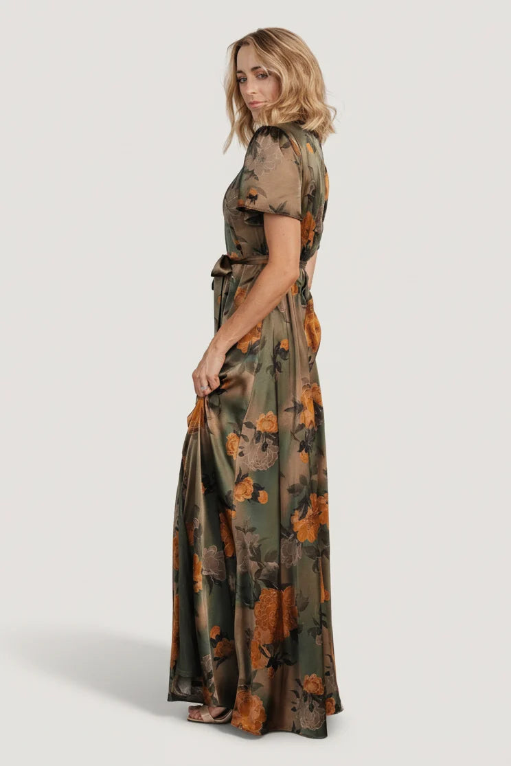 Agnes Satin Maxi Dress | Olive Floral