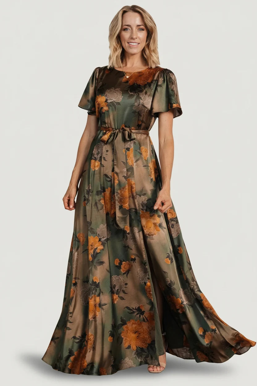 Agnes Satin Maxi Dress | Olive Floral