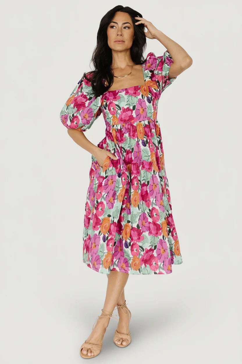 Aimee Puff Sleeve Midi Dress | Pink Multi