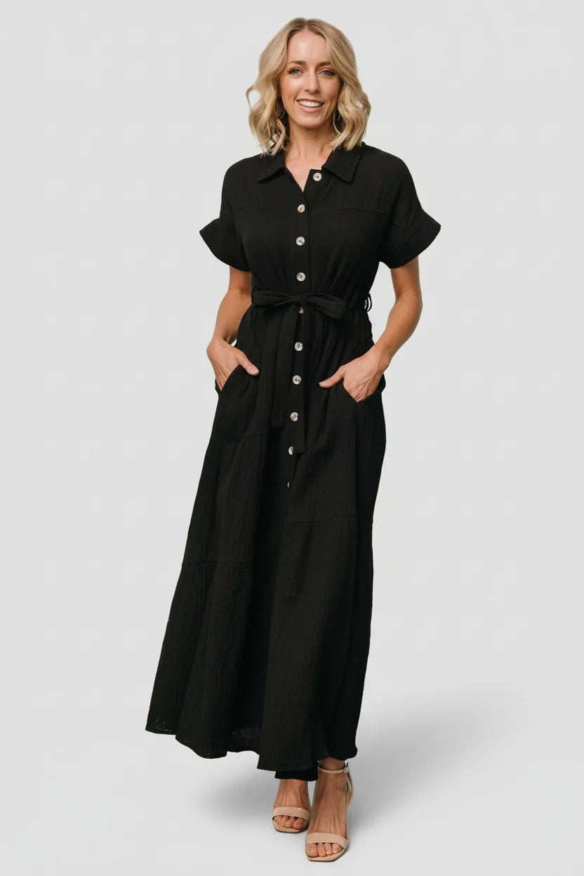 Aizey Button Up Maxi Dress | Black
