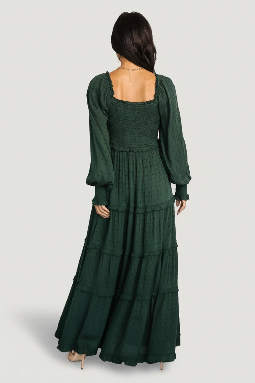 Amanda Smocked Dotted Maxi Dress | Evergreen