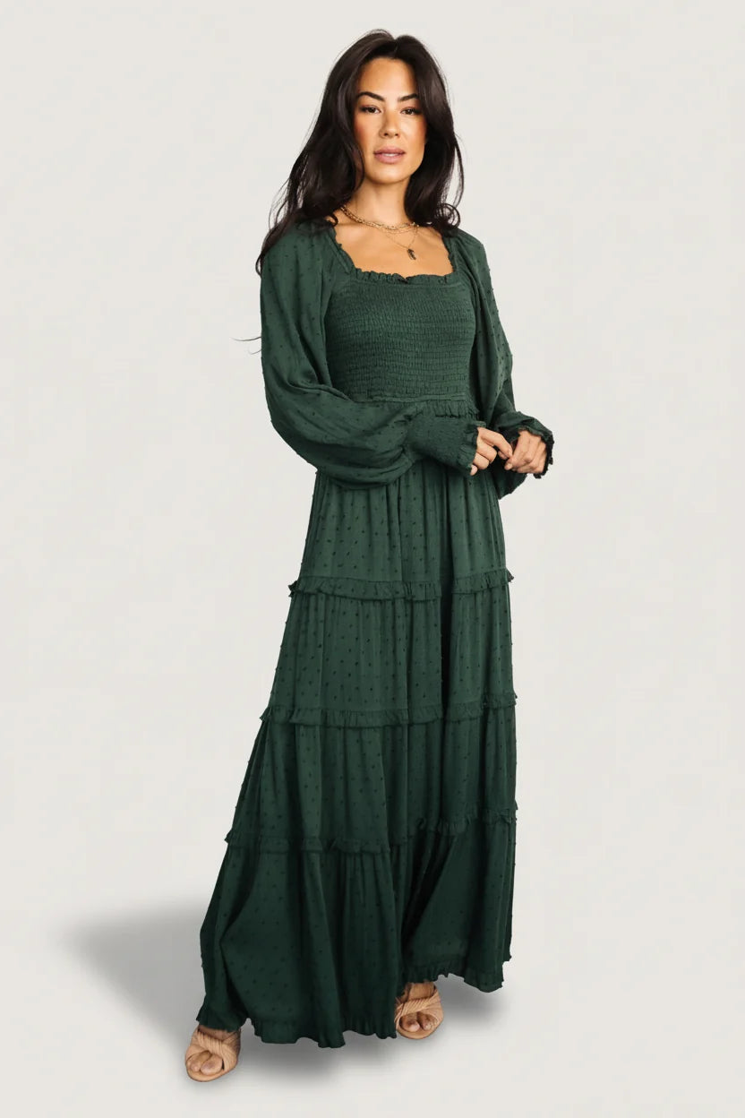 Amanda Smocked Dotted Maxi Dress | Evergreen