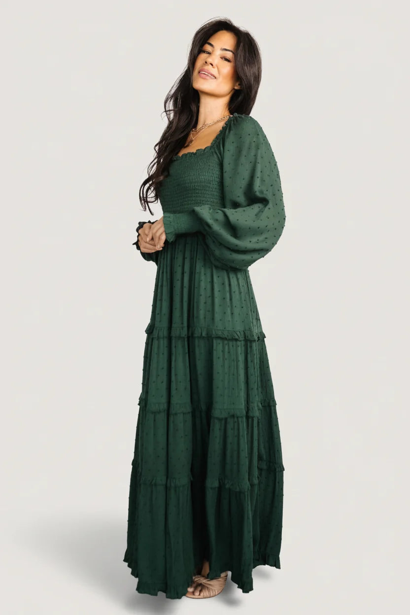 Amanda Smocked Dotted Maxi Dress | Evergreen