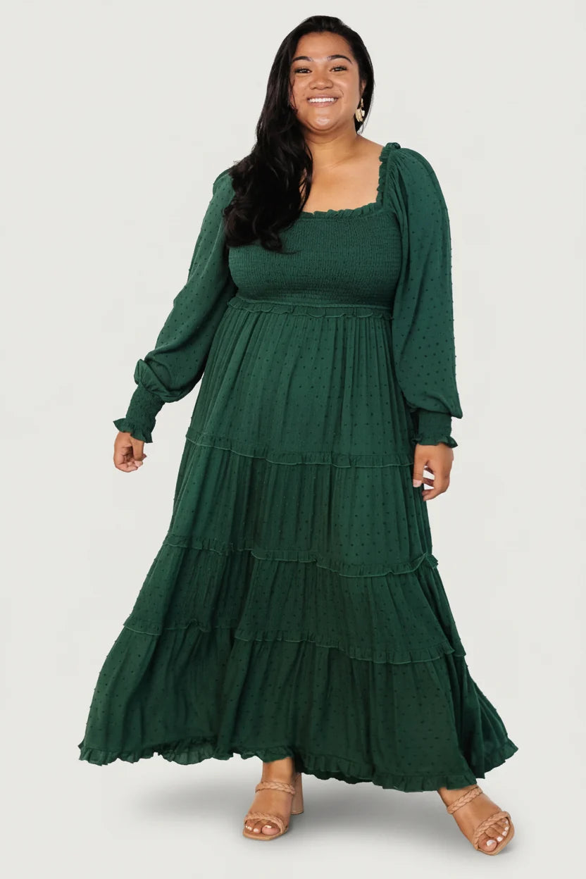 Amanda Smocked Dotted Maxi Dress | Evergreen