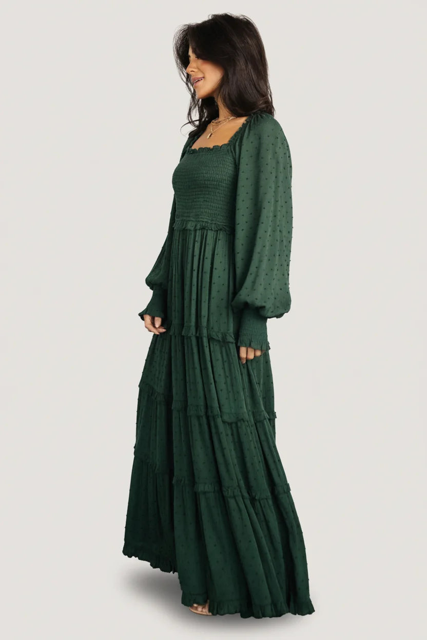 Amanda Smocked Dotted Maxi Dress | Evergreen