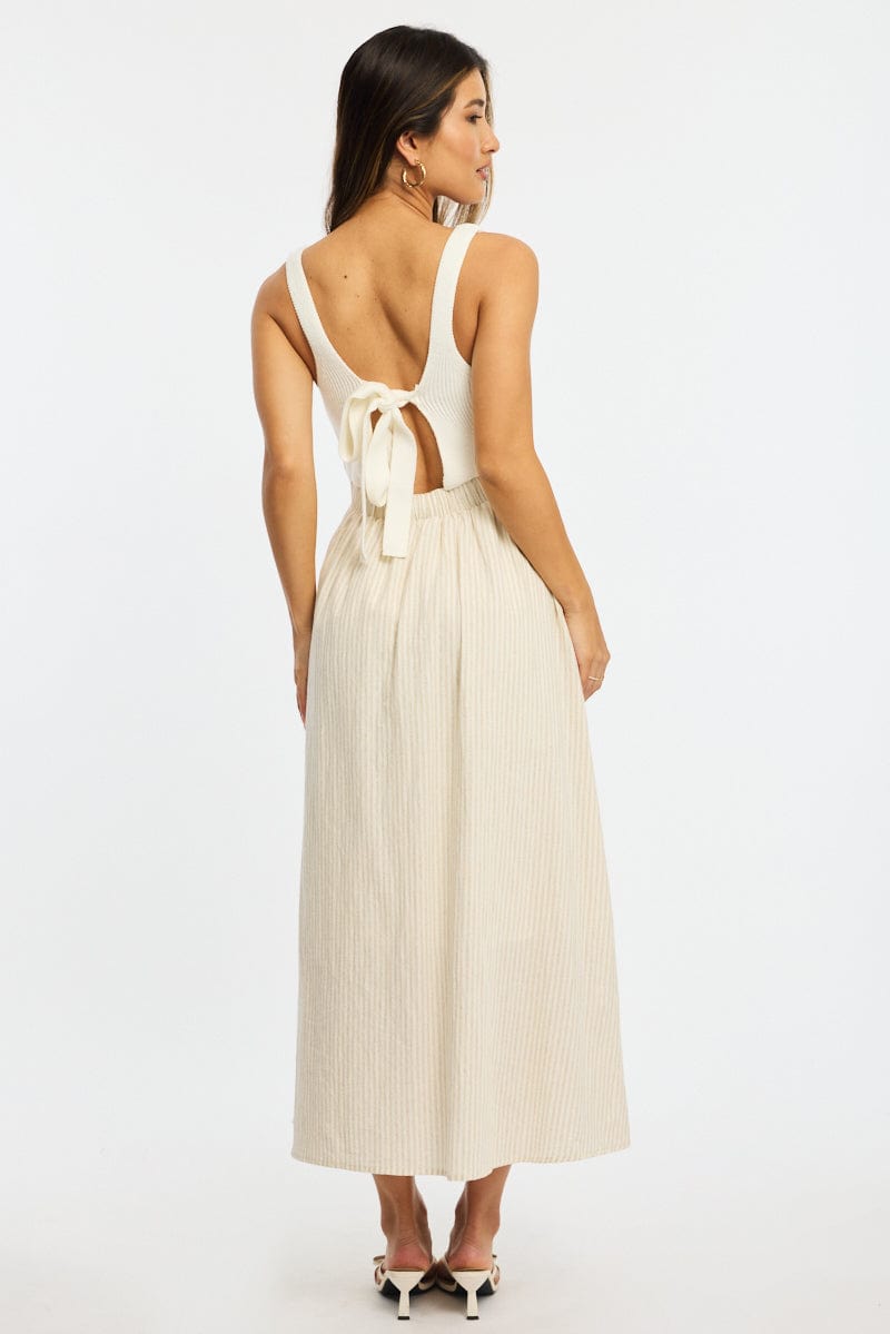 Beige Stripe Knit Dress Maxi