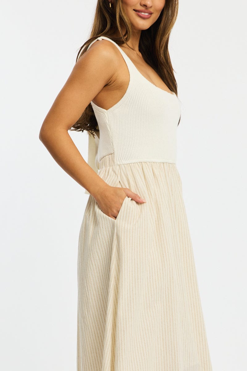 Beige Stripe Knit Dress Maxi