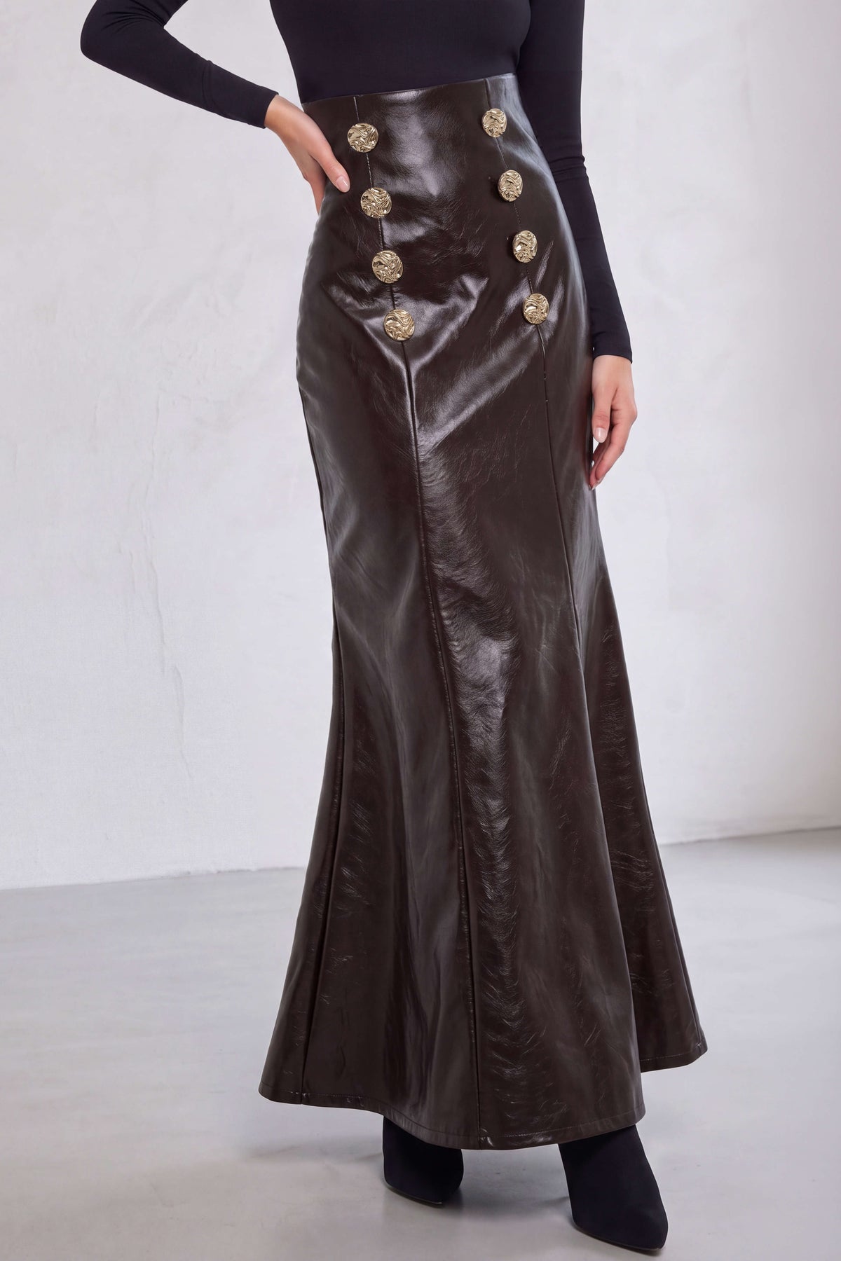 Faux Leather High Waist Button Zipper Skirt