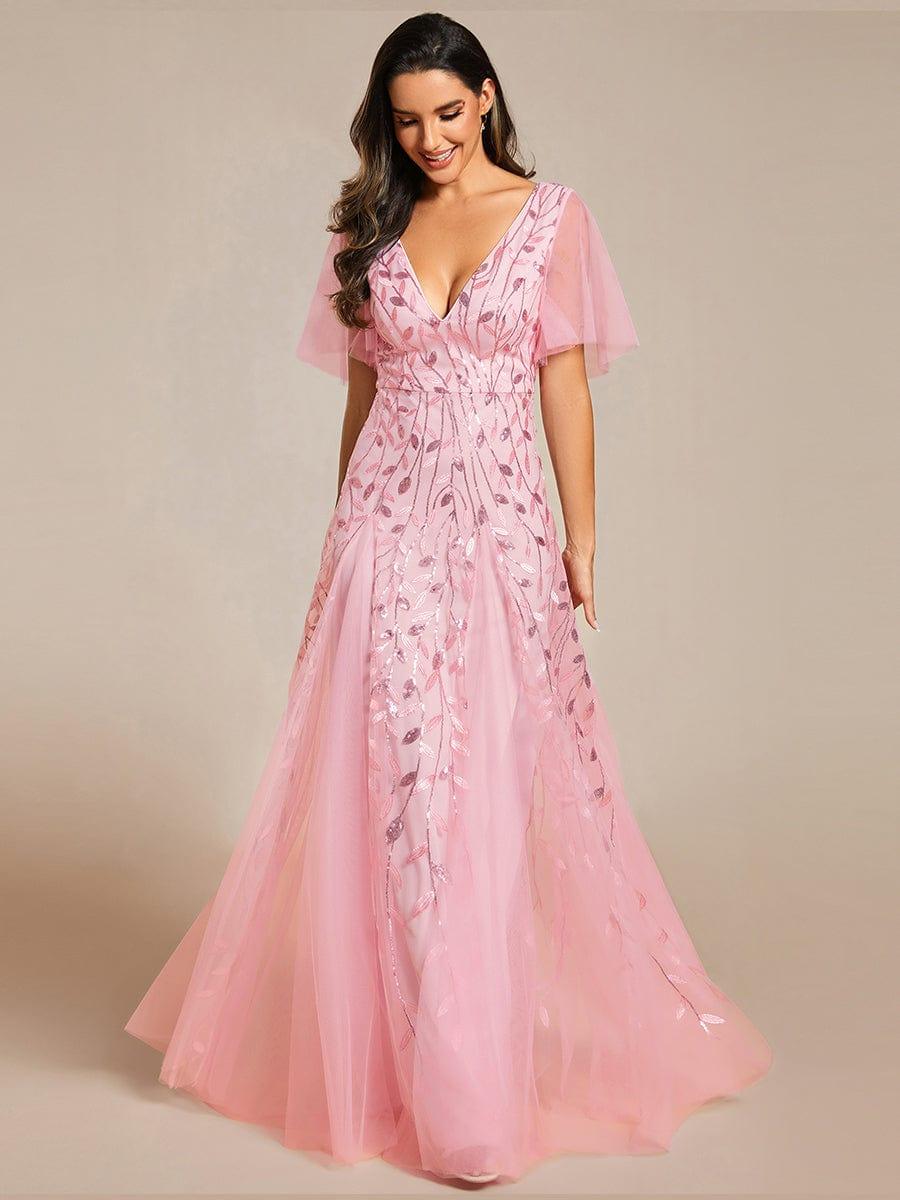 ever ASTRAL|Elegant Ruffle Sleeves Maxi Sequin Mother of the Bride Dress