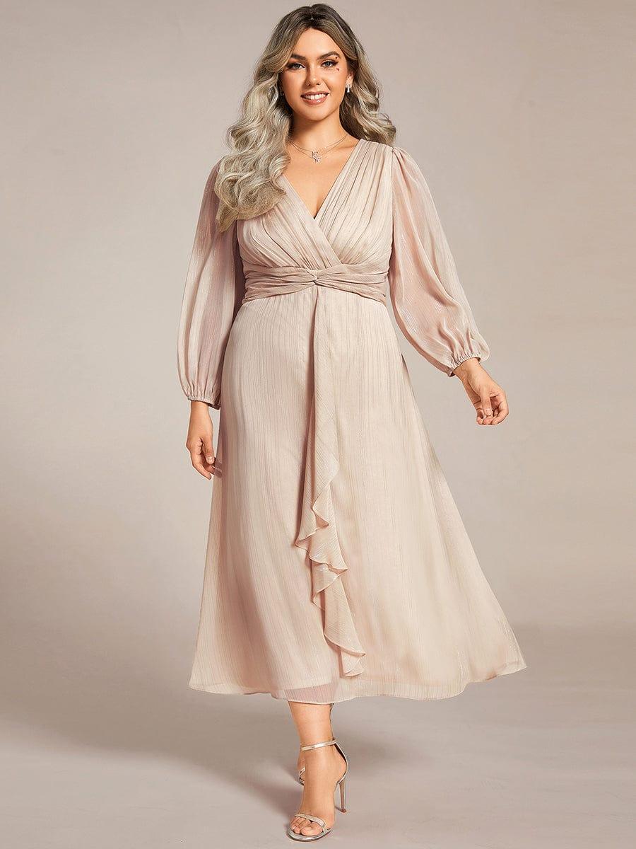 ever EMBER|See-Through Long Sleeve Twist Knot A-Line Lotus Leaf Shimmering Evening Dress