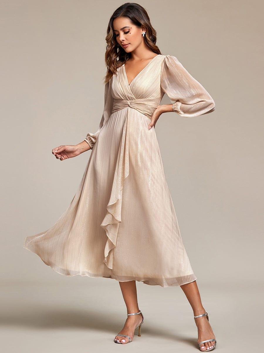 ever EMBER|See-Through Long Sleeve Twist Knot A-Line Lotus Leaf Shimmering Evening Dress