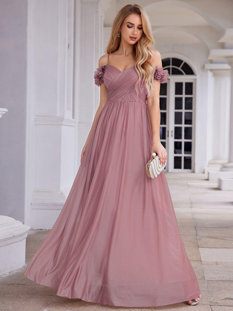 ever AYLANI|Sparkling V-Neck Floral Cold-Shoulder Evening Dress with Pleated