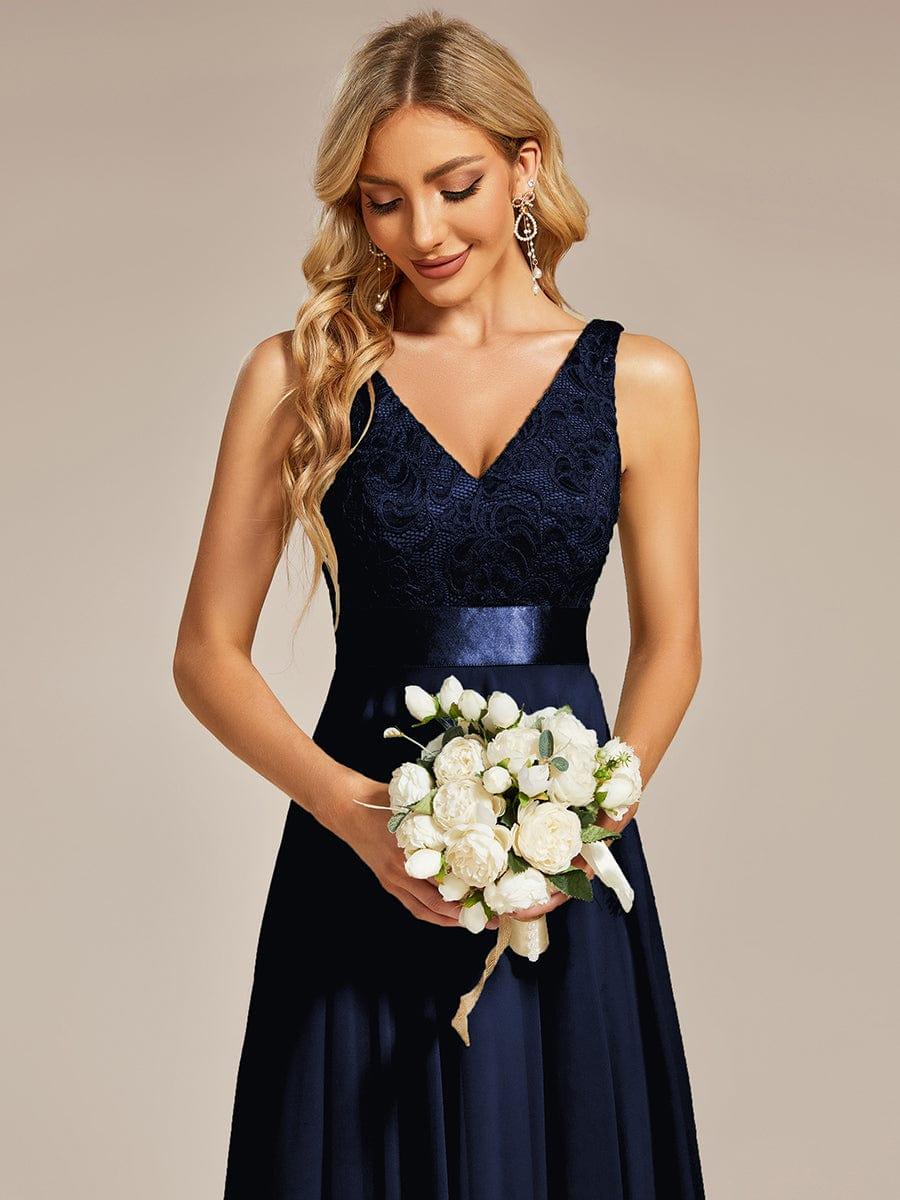 ever COSTA|Deep V-Neck Lace Chiffon Bridesmaid Dress with Asymmetrical Hem