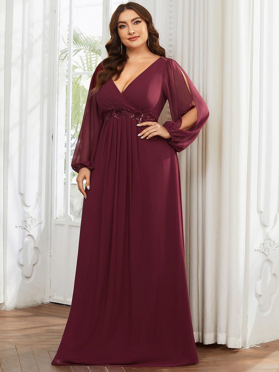ever AMOUR|Elegant Chiffon V-Neckline Long Sleeve Wedding Guest Dress