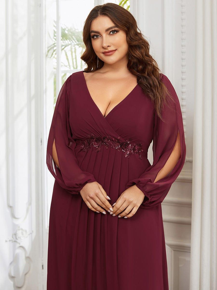 ever AMOUR|Elegant Chiffon V-Neckline Long Sleeve Wedding Guest Dress