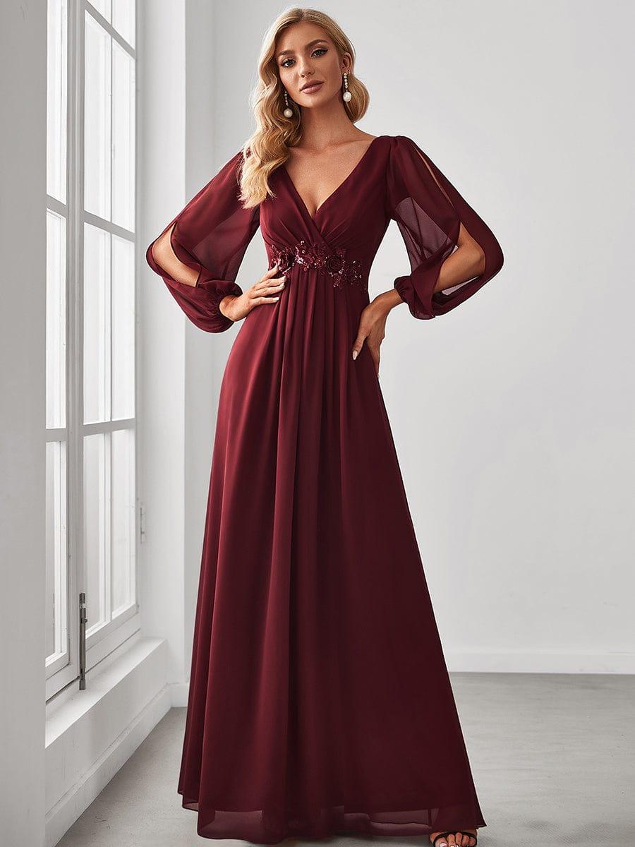 ever AMOUR|Elegant Chiffon V-Neckline Long Sleeve Wedding Guest Dress