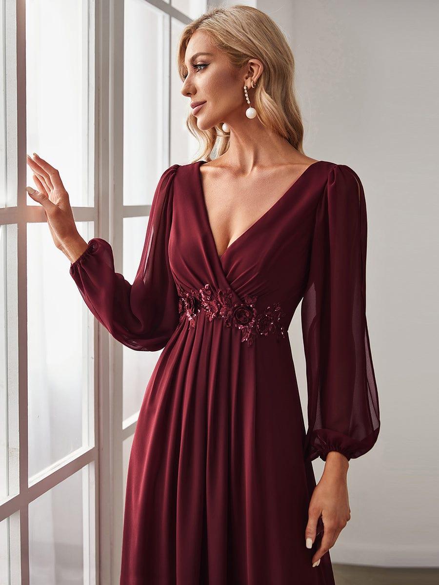 ever AMOUR|Elegant Chiffon V-Neckline Long Sleeve Wedding Guest Dress