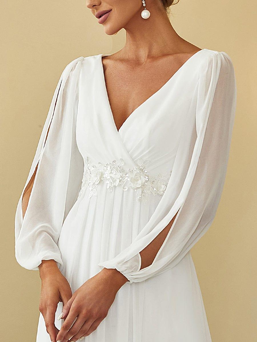 ever AMOUR|Elegant Chiffon V-Neckline Long Sleeve Wedding Guest Dress