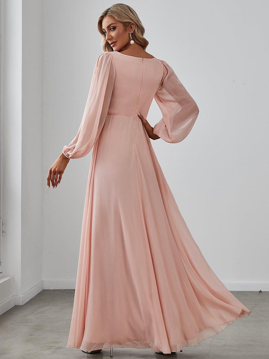 ever AMOUR|Elegant Chiffon V-Neckline Long Sleeve Wedding Guest Dress