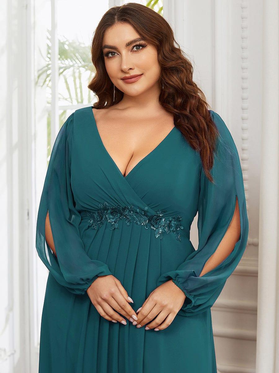 ever AMOUR|Elegant Chiffon V-Neckline Long Sleeve Wedding Guest Dress