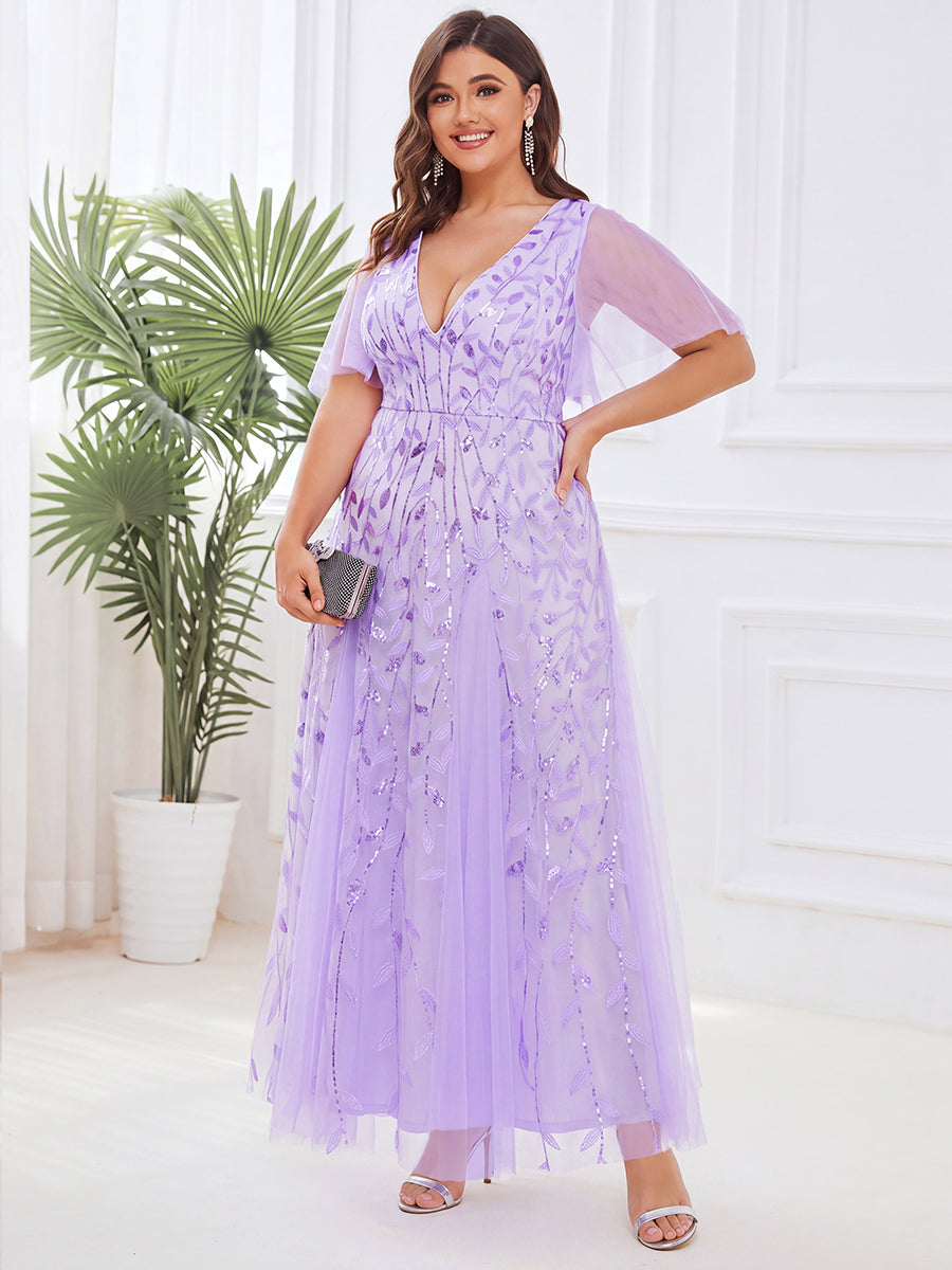 ever ASTRAL|Elegant Ruffle Sleeves Maxi Sequin Mother of the Bride Dress