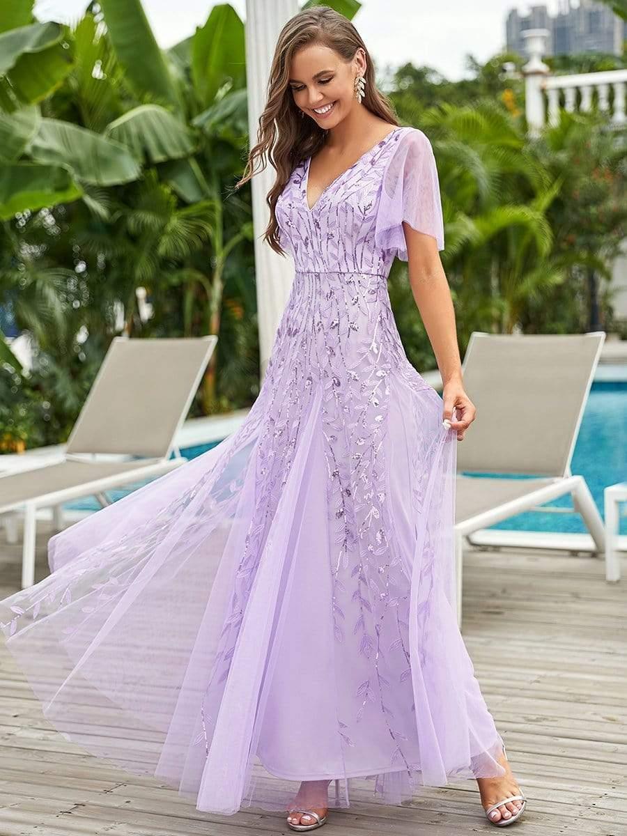 ever ASTRAL|Ruffle Sleeves Leaf Sequin Maxi Bridesmaid Dress