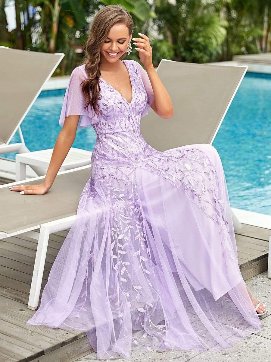 ever ASTRAL|Elegant Ruffle Sleeves Maxi Sequin Mother of the Bride Dress