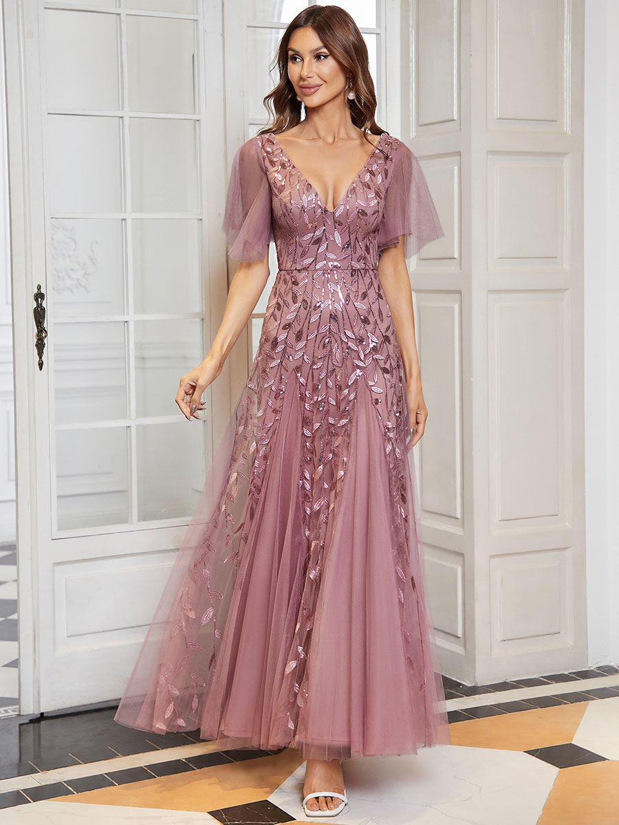 ever ASTRAL|Ruffle Sleeves Leaf Sequin Maxi Bridesmaid Dress