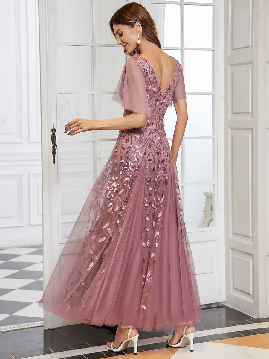 ever ASTRAL|Elegant Ruffle Sleeves Maxi Sequin Mother of the Bride Dress