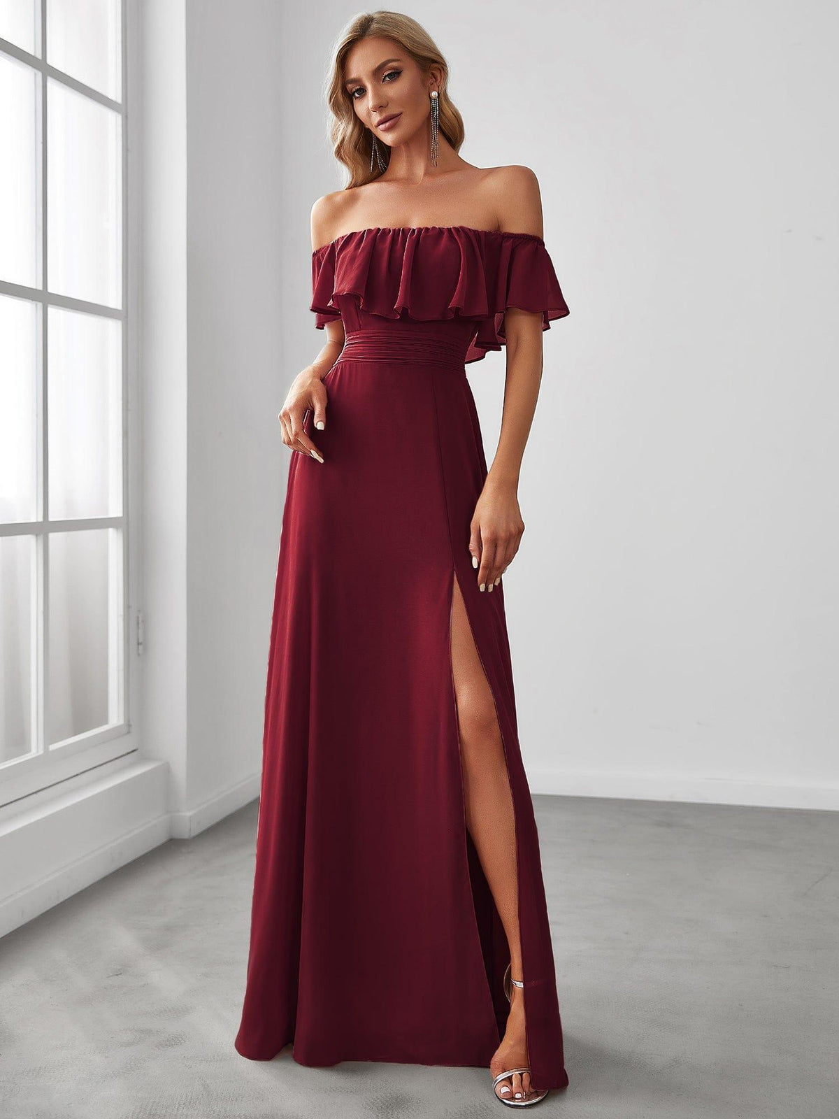 ever ÉMILE|Off the Shoulder Ruffle Bodice Long Flowy Chiffon Bridesmaid Dress