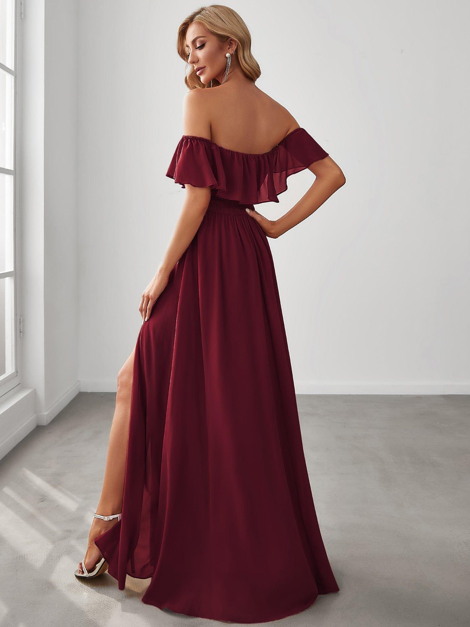 ever ÉMILE|Off the Shoulder Ruffle Bodice Long Flowy Chiffon Bridesmaid Dress