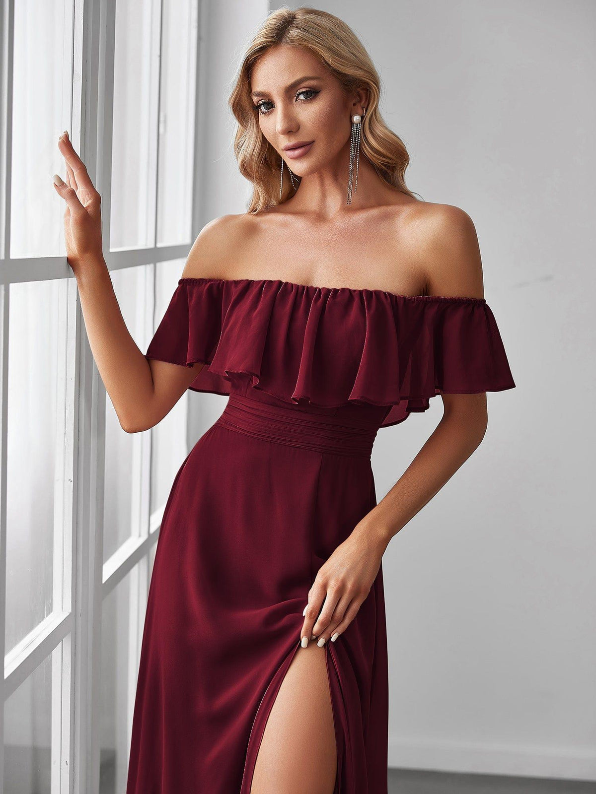 ever ÉMILE|Off the Shoulder Ruffle Bodice Long Flowy Chiffon Bridesmaid Dress