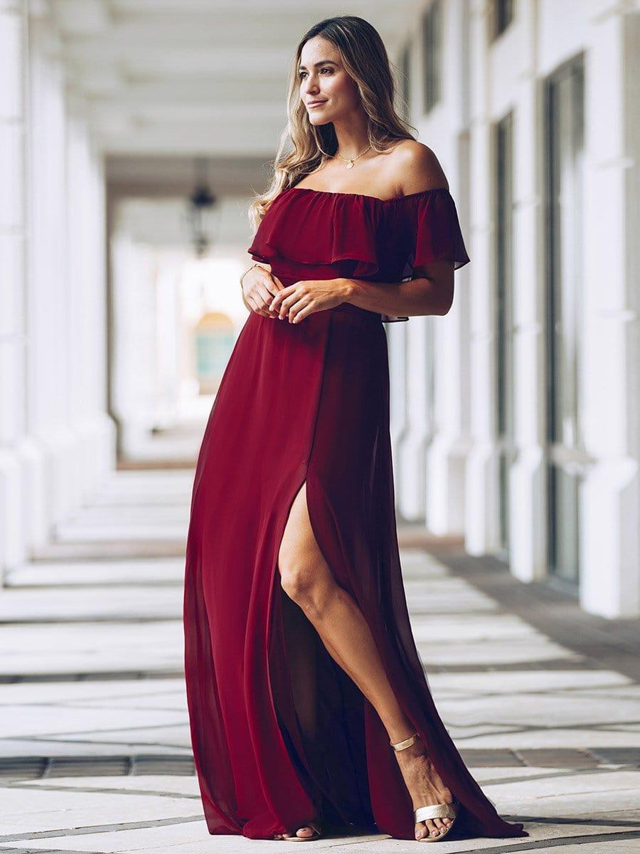 ever ÉMILE|Off the Shoulder Ruffle Bodice Long Flowy Chiffon Bridesmaid Dress