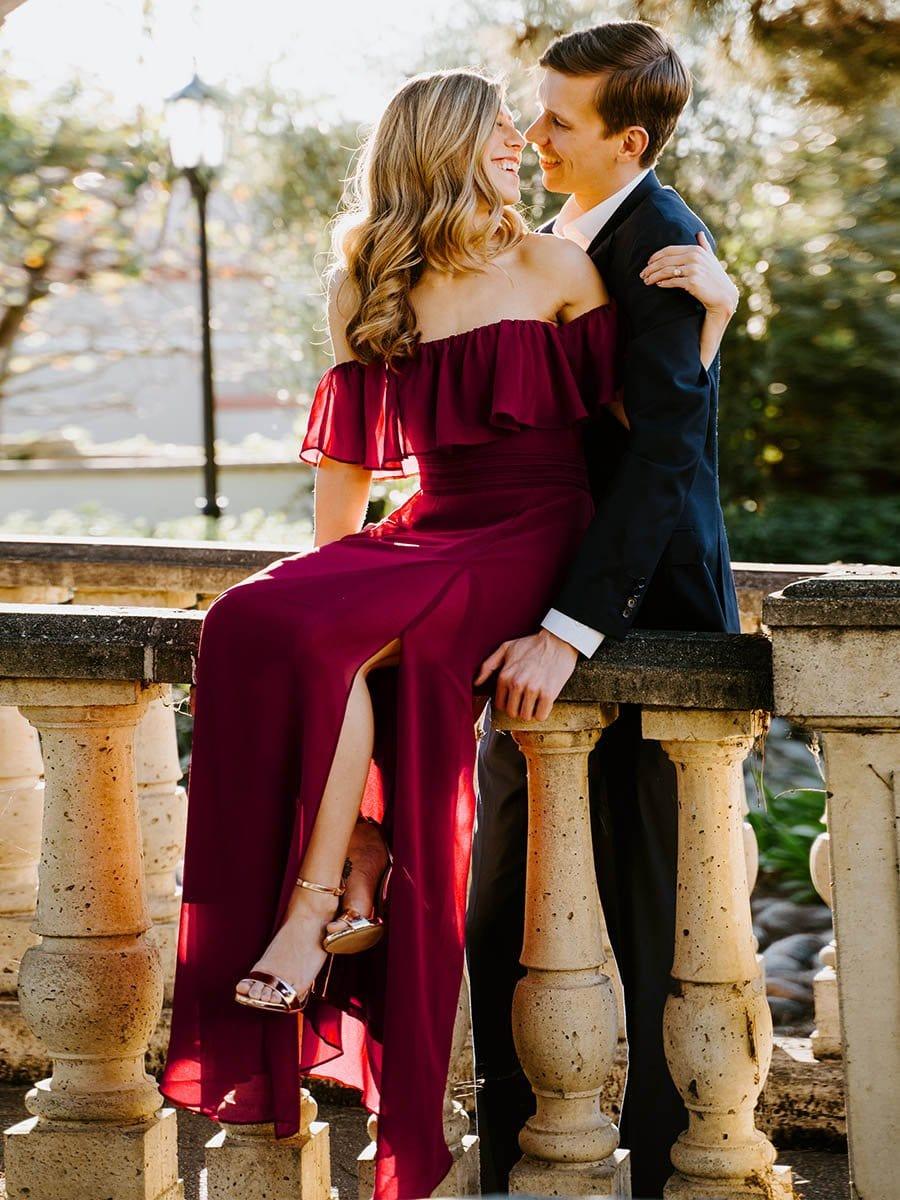 ever ÉMILE|Off the Shoulder Ruffle Bodice Long Flowy Chiffon Bridesmaid Dress